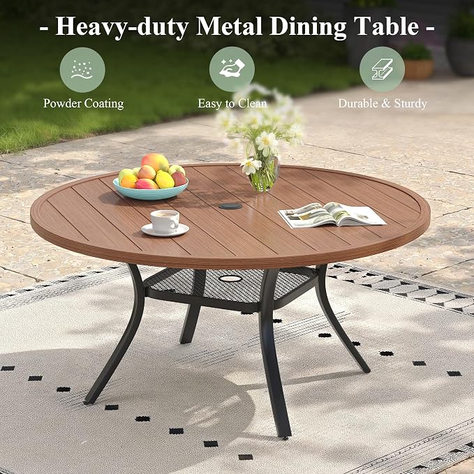 Round Patio Dining Set for 6, 47.2" Round Metal Table with Umbrella Hole and Stackable Wicker Patio Chairs, Outdoor Furniture Set for Deck Backyard Garden, Walnut Chairs, Walnut Table