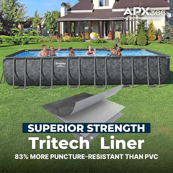 Bestway APX 365 24' x 12' x 52" Above Ground Pool, Rectangular Metal Frame Outdoor Swimming Pool Set with Sand Filter Pump, Ladder, and Cover, Dark Marble