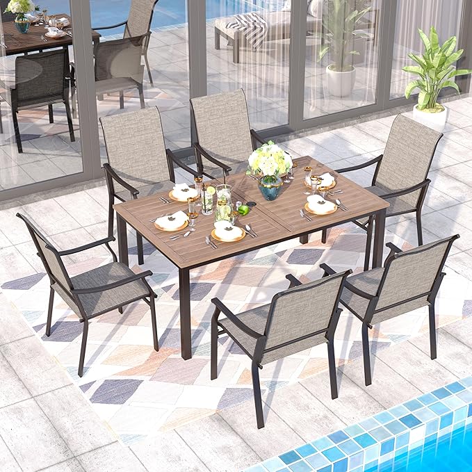 Sophia & William Patio Dining Set 7 Pieces, 6 Quick Dry Textilene Chairs and Large 64" Metal Dining Table, Durable All-Weather Patio Furniture for Lawn, Park, and Courtyard Support 350lbs
