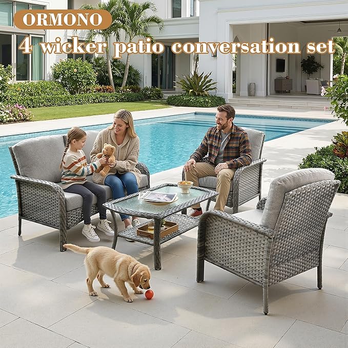 4 Pieces Patio Furniture Set, Small Outdoor Patio Set with Coffee Table, All-Weather Rattan Wicker High Back Conversation Set Loveseat with Chairs for Porch, Backyard, Balcony, Dark Grey