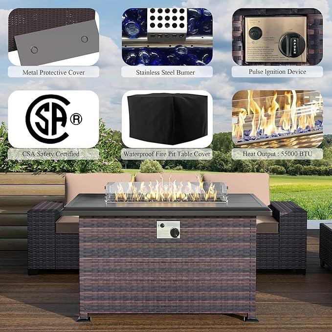 7 PCS Outdoor Patio Furniture Set,Outdoor Sectional Furniture with 43" 55000 BTU Gas Propane Fire Pit Table,All Weather PE Rattan Wicker Patio Conversation Set,Sand
