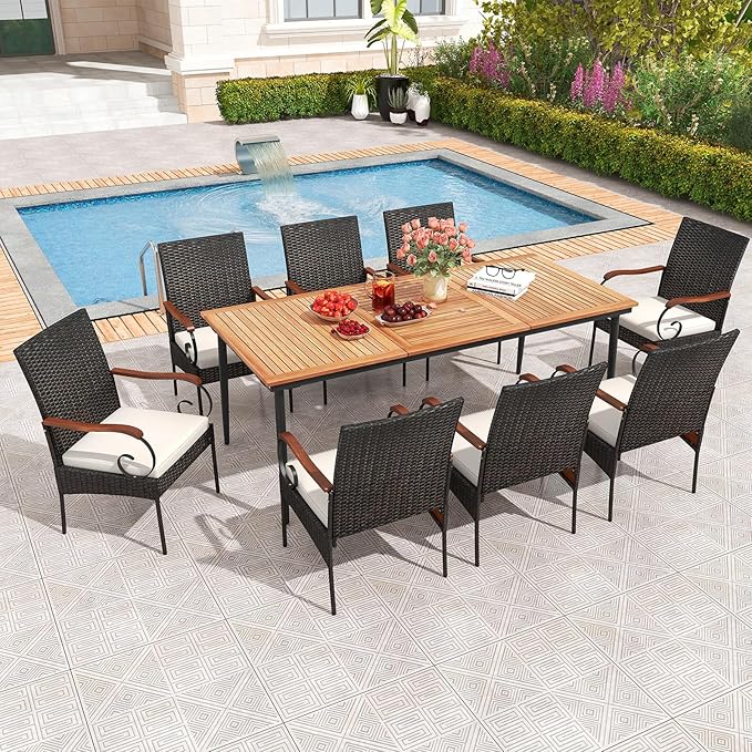 Tangkula 9-Piece Patio Dining Set, 79" Outdoor Dining Table & 8 Rattan-Woven Dining Chairs with Acacia Wood Tabletop, 1.9" Umbrella Hole, Scrollwork Arms, Seat Cushions, for Garden, Porch, Deck
