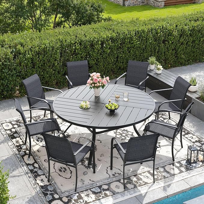 DIFY 9 Pieces Outdoor Patio Dining Set for 8, 53.1" Black Round Metal Dining Table and 8 Grey Stackable Textilene Patio Chairs, Outdoor Table and Chairs for Backyard Garden Poolside