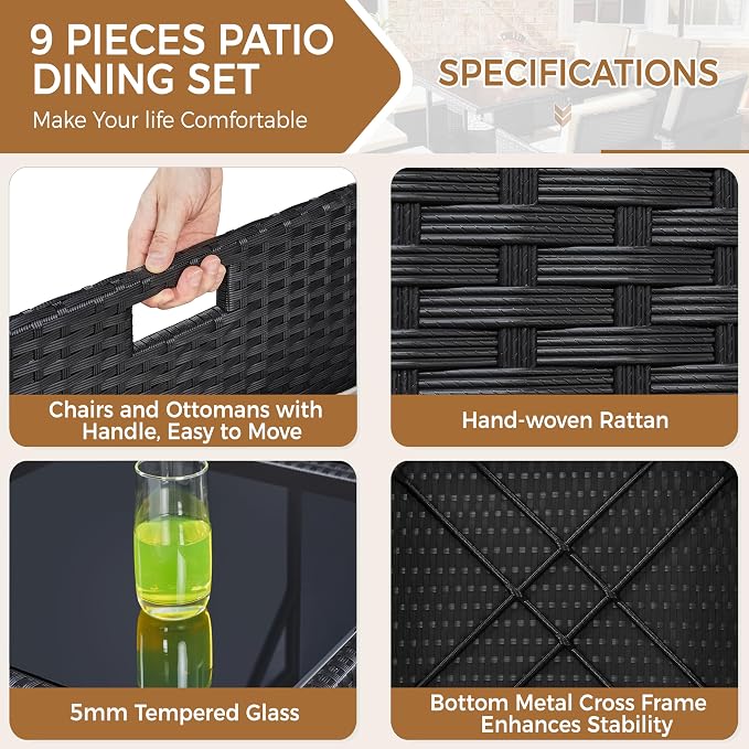 Topeakmart 8 Seater Rattan Garden Furniture Sets Dining Glass Table and Chairs with Cushions, Outdoor Wicker Patio Sectional Conversation Set, Black