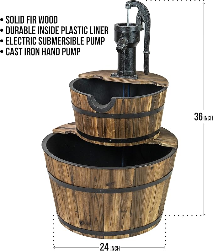 Sun-Ray 2-Tier Rustic Outdoor Fountain, 24in. Wide Garden Decor Water Fountain with Submersible Electric Pump and Cast Iron Hand Pump Accessory for Patio, Garden, and Yard