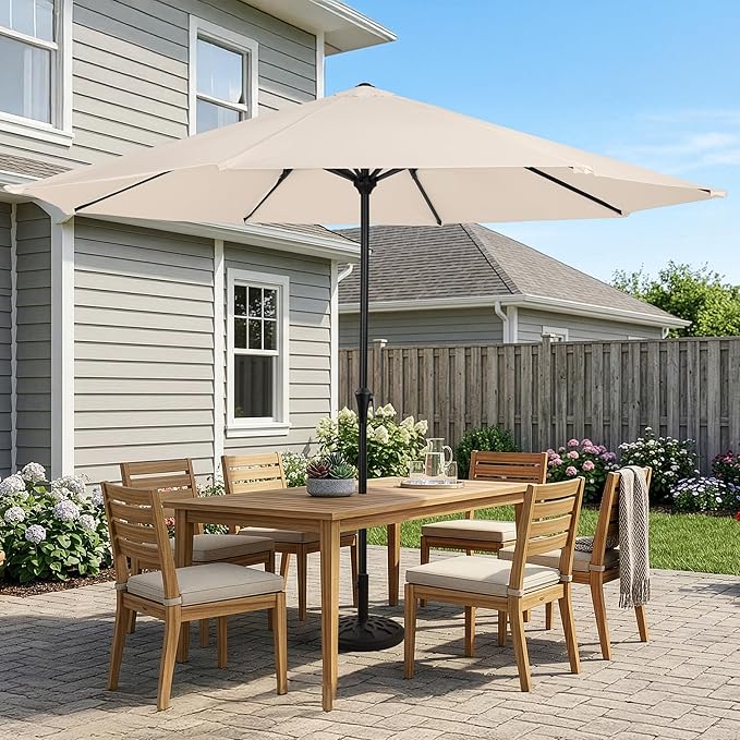 9FT Round Patio Umbrella with 19lb Weighted Base - Easy Crank, Vented Canopy Outdoor Umbrella for Shade - For Deck, Balcony, Porch, Backyard, or Pool by Pure Garden (Champagne)