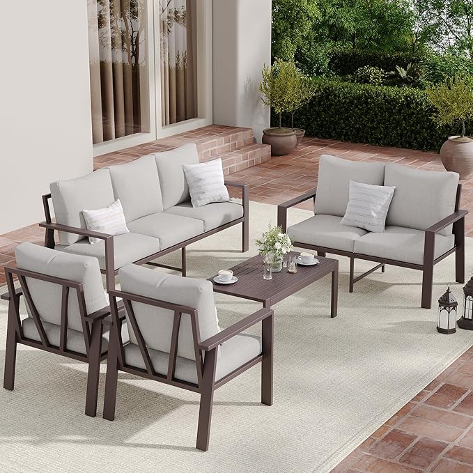 5-Piece Aluminum Patio Conversation Sets All-Weather Outdoor Furniture Sectional Sofa Modular Patio Set with 4'' Cushion Removable Covers for Porch Poolside Deck Balcony Yard