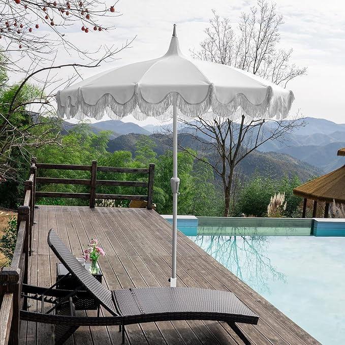 7.5ft Pagoda Patio Umbrella with Fringe, UPF50+ Tassel Umbrella with Crank & Fiberglass Ribs, Holiday Outdoor Umbrella for Garden Pool Lawn Yard Table