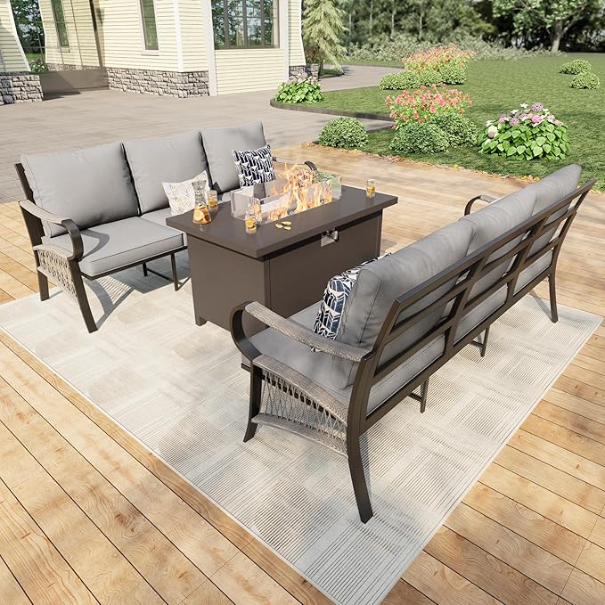 3 Pieces Patio Conversation Sets, All Weather Metal Outdoor Furniture Set 2 Three-Seater Sofas with Fire Pit Table for Backyard Garden Deck Porch Poolside, Gray