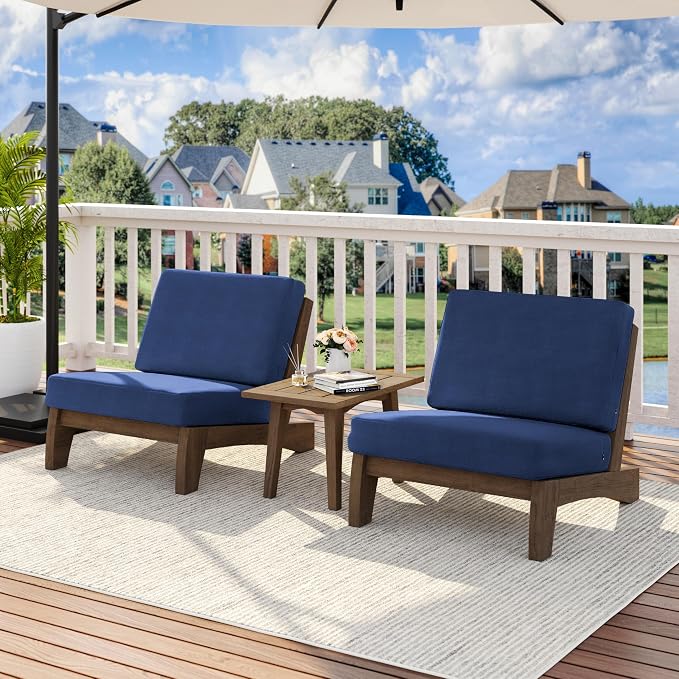 2 Piece Wood Patio Chairs Outdoor Bistro Chair, All Weather Outdoor Furniture Patio Sofa Backyard Seating Group Conversation Sets with Cushions - Navy Blue