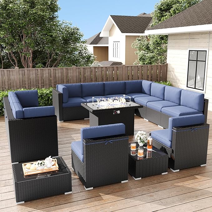 LayinSun 15 Pieces Patio Furniture Set with Fire Pit Table, Black Rattan Modular Sectional Patio Conversation Sofa Set
