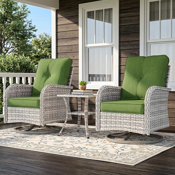 3-Piece Small Patio Furniture Set, Outdoor Swivel Rocking Chairs Set with Wicker Chairs and Tempered Glass Side Table, Outdoor Furniture Patio Bistro Set for Balcony, Deck, Porch