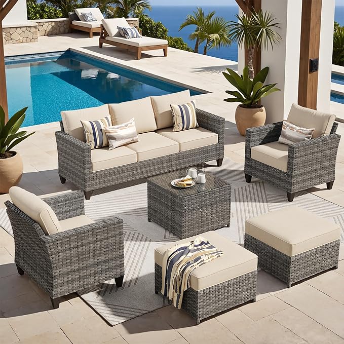 ovios 6 Pieces Patio Furniture Set, Outdoor Wicker Rattan Sofa Couch with Glass Table, Chairs, Comfy Cushions, Conversation Sets for Porch Deck Garden, Beige
