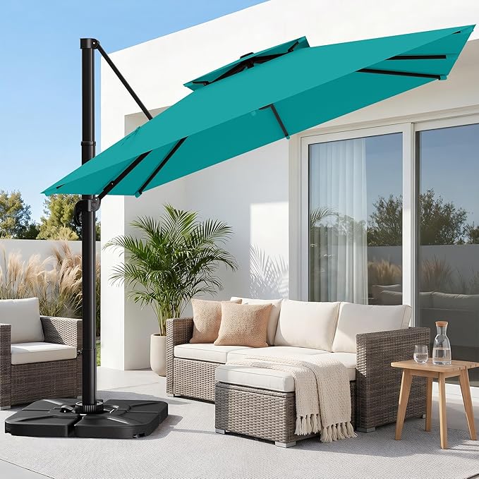 AreShark 9×9FT Double-Top Cantilever Patio Umbrella with Base Included, Square Offset Umbrella with 360 Degree Rotation, Heavy Duty Patio Umbrella for Garden Deck Pool, 5 Tilt Angles, Turquoise Blue