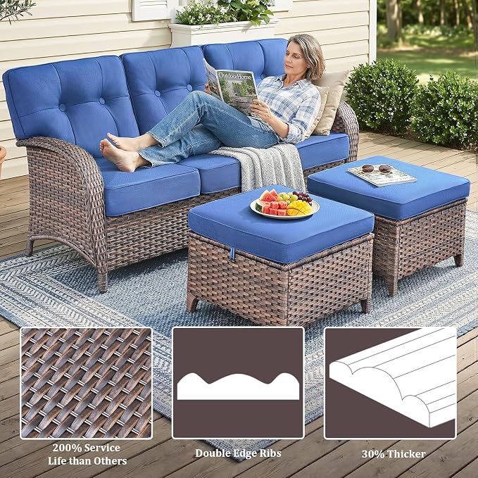 9-Piece Wicker Patio Furniture Set with 5-Inch Thick Cushions Weather Resistant Rattan High Back Swivel Rocker Chairs Senior Friendly Conversation Set for Small Porch Deck Sunroom Brown/Blue
