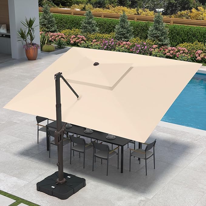 9 X 12 FT Cantilever Patio Umbrella with Led Lights and Base Included Outdoor Heavy Duty Double Top Rectangle Offset Umbrellas with 360-degree Rotation for Pool Deck Backyard, Beige