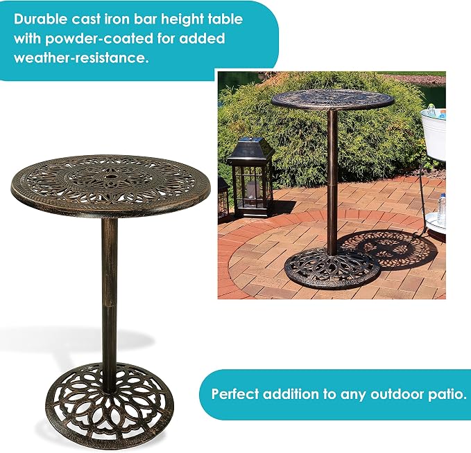 Sunnydaze 40-Inch H Cast Iron Bar Height Patio Table - 26-Inch Tabletop Diameter - Bronze Color