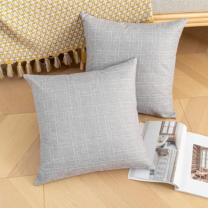 Kevin Textile Outdoor Waterproof 24”x24” Pillow Covers 2 Pack, Grey | Water Resistant, Soft Faux Linen-cotton Yarn-dyed Woven Texture Throw Pillow Covers for Tent Patio Garden Couch Sofa