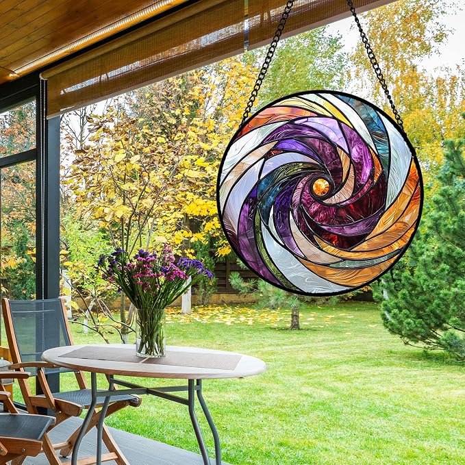 DASTOLL Stained Glass Window Hanging, Colorful Abstract Spiral Pattern Suncatcher for Doors Window Home Sun Catchers Decoration Mother's Day Birthday Gifts for Women, Men, and Mom 7.8 in