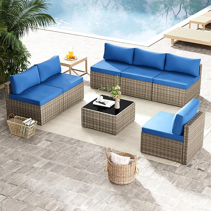 7 Piece Patio Furniture Set, Outdoor Wicker Patio Sofa Set, PE Rattan Sectional Couch with Glass Table and Blue Cushions, All-Weather 7 Piece Outdoor Patio Furniture Sets, Grey