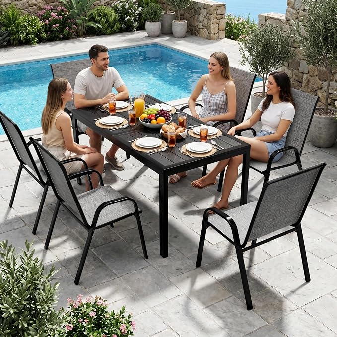 7-Piece Outdoor Dining Set, All Weather Patio Table and Chairs Set with Umbrella Hole for 6, Rectangular Steel Slat Table and 6 Textilene Chairs for Garden, Backyard, Poolside and Deck, Grey
