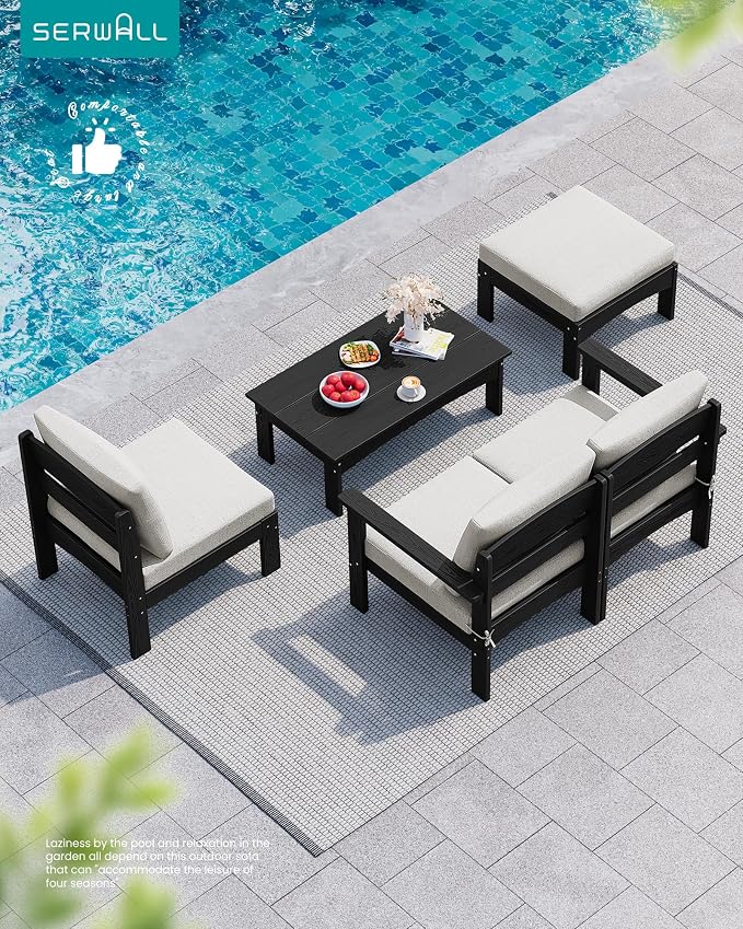 SERWALL HDPE Patio Loveseat Sofa, 2 Pieces Single Sofa, Weather-Resistant Outdoor Furniture Chair with Thick Removable Cushion, Balcony, Garden, Backyard, Poolside, Black Frame with Khaki Cushion