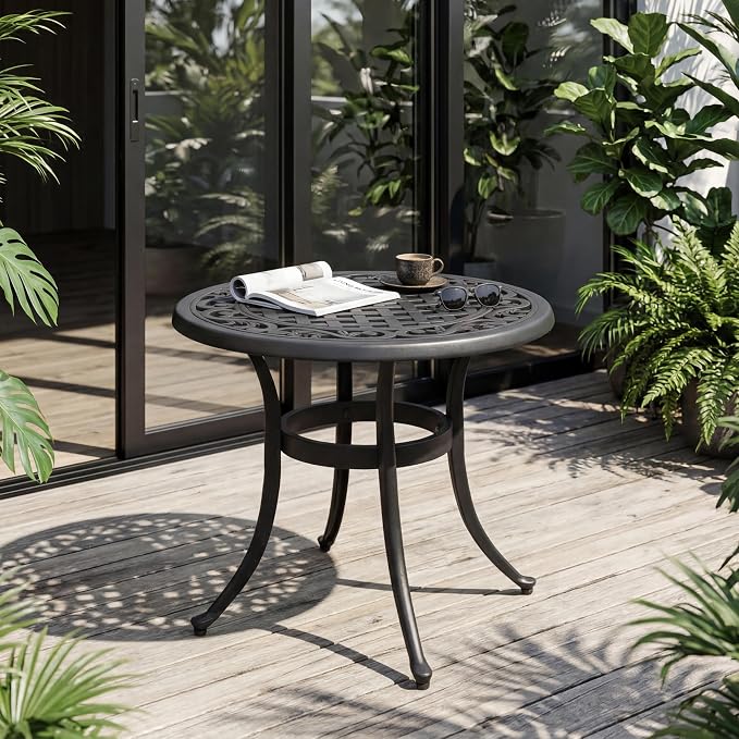 Cast Aluminum Outdoor Side Table, All Weather Metal End Table, Black Small Patio Table for Porch, Garden, Balcony, Black (24" Round Side Table)