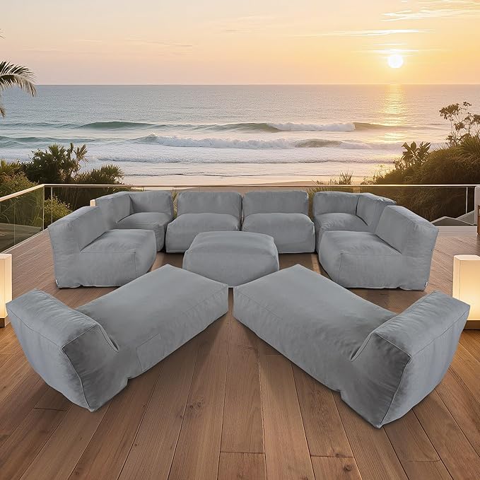 Patio Furniture Set, 9 Pcs Outdoor Conversation Set with Bean Bag Middle Chairs, Corner Chair, Ottomans, Modern Foam Couch Set for Garden, Deck, Balcony (9, Deep Gray)