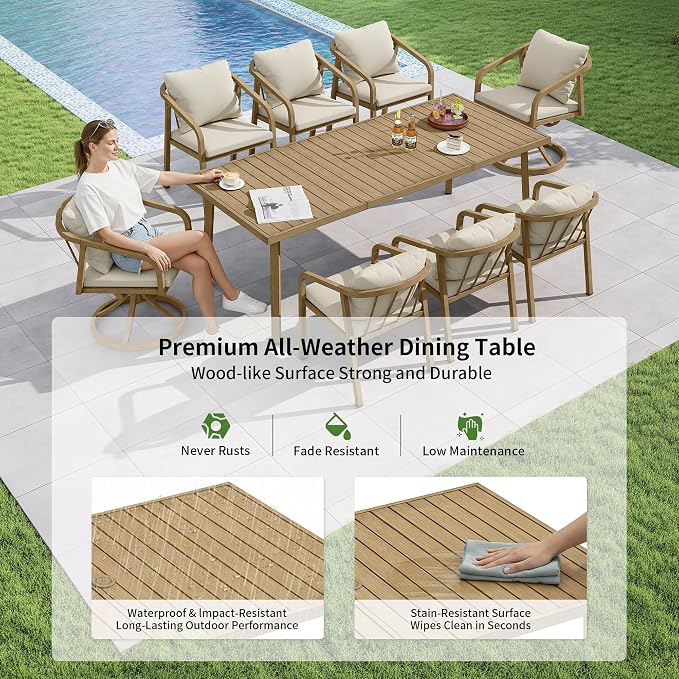 Outdoor Dining Set,9-Piece Patio Dining Table Set for 8 with Rectangular Table and 6 Thick Cushion Dining Chair & Swivel Chair, Aluminum Patio Furniture Set for Backyard, Garden (Brown)