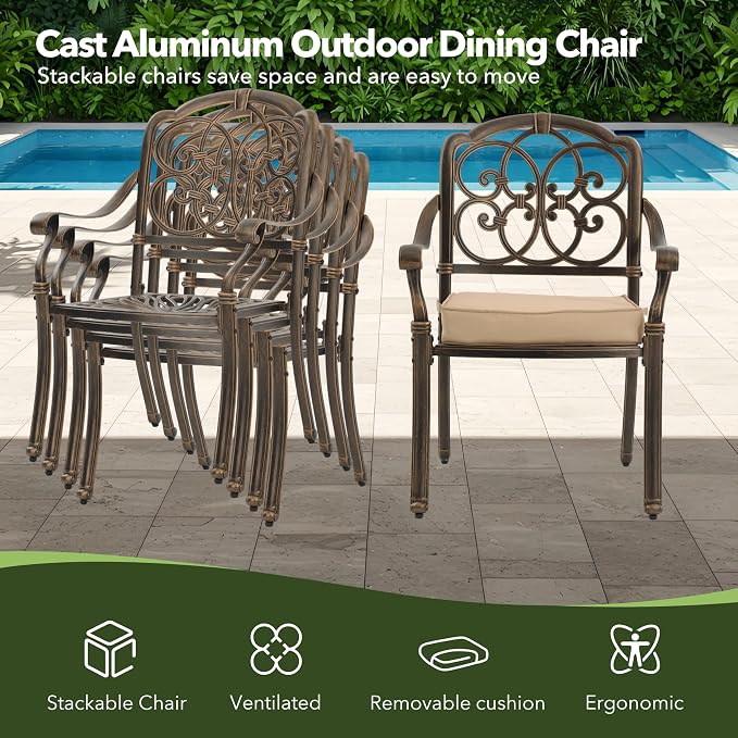 5-Piece Cast Aluminum Outdoor Table and Chairs, Classic Vintage Patio Dining Set for 4 Include 54.5" Round Dining Table and 4 Chairs with Removable Cushion and Umbrella Hole