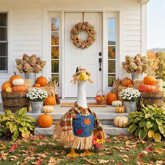 Scarecrow Porch Goose Outfits Fits 23" Cement Plastic Statue Fall Scarecrow Goose Clothes for Autumn Day Outdoor Garden Yard Patio Statue Art Decor