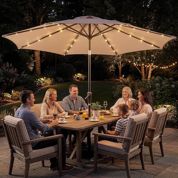 Garvee 9FT Patio Umbrella with 32 Solar LED Lights, Outdoor Table Market Umbrella with Tilt and Crank, 8 Sturdy Iron Ribs Sun Shade for Garden, Deck, Backyard and Pool, Beige
