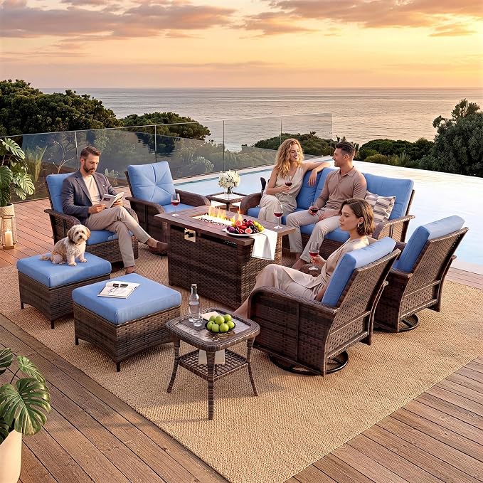LazySunsets 12 Piece Outdoor Patio Furniture Set with 44'' Fire Pit Table, Wicker Rattan Outdoor Furniture with High Back Swivel Rocker Chairs, Outdoor Sofa Set with Thick Cushion & Ottoman, Navy Blue