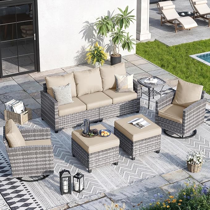 Patio Furniture Sets, 6 Pcs Patio Outdoor Sectional Furniture, Wicker Rattan Conversation Sofa with Swivel Chair, Ottomans, Side Table, 4" Thick Cushion, for Garden Backyard Deck, Khaki