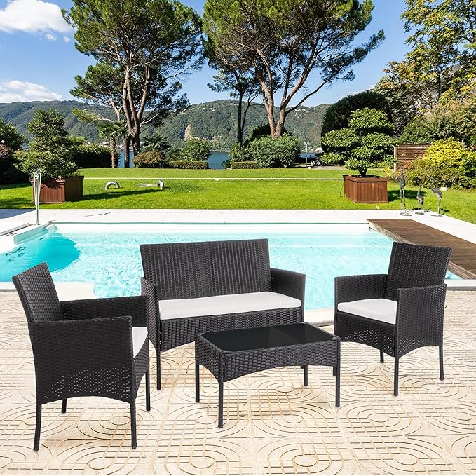 SUNLEI Modern Black Rectangular Patio Conversation Set, 4 PCS-White Cushion, Glass Table, Outdoor Indoor Use Backyard Porch Garden Poolside