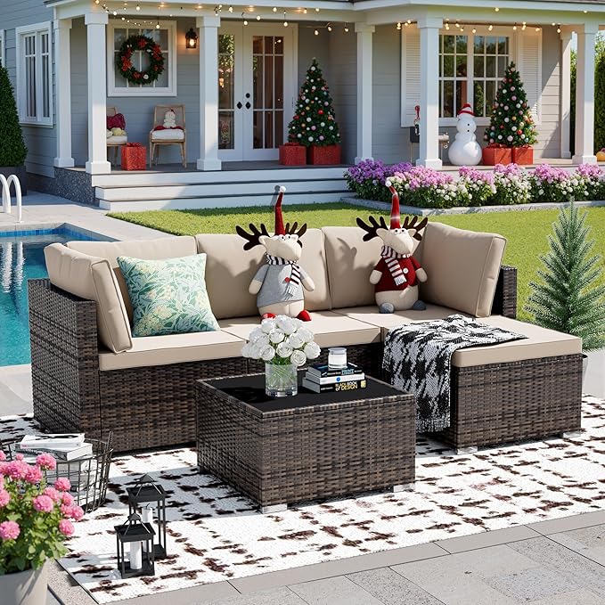 5 Piece Patio Furniture Sets, All-Weather PE Rattan Wicker Outdoor Sectional Sofa with Cushions and Glass Table for Garden Backyard Poolside