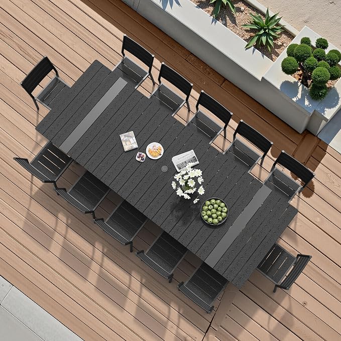 Pellebant 13 Piece Patio Table and Chairs Set for 12, Aluminum Outdoor Dining Set with Umbrella Hole, Stackable Dining Chairs & 118" Dining Table, Black