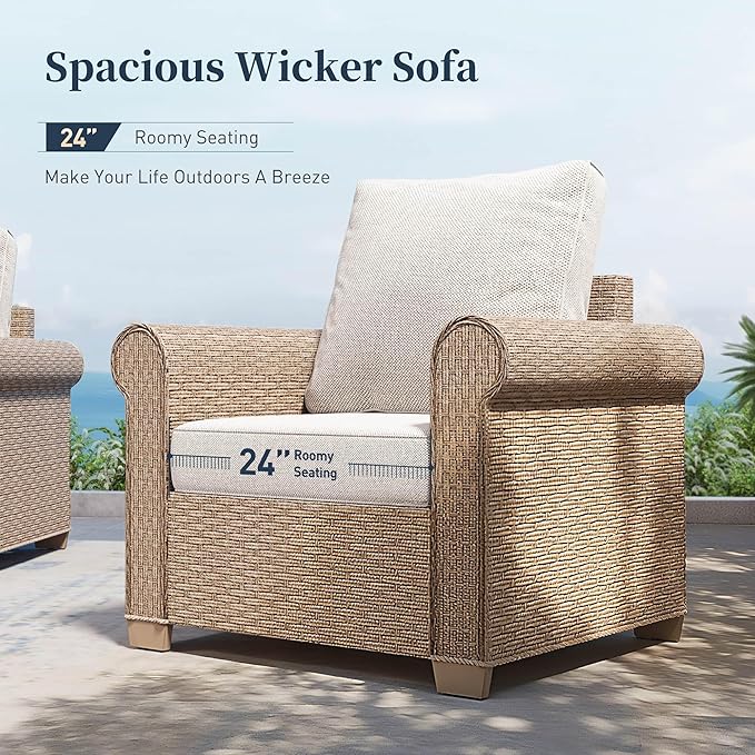 Patio Furniture Set 2 pcs, Rattan Outdoor Chairs with 5.5” Thick Waterproof Cushions, All Weather Wicker Conversation Set for Garden Backyard Deck, Beige