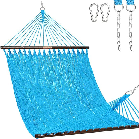 Lazy Daze Hammocks 10.5 FT Double 2 Person Caribbean Rope Hammock, Hand Woven Polyester Hammock with Spreader Bars, for Outside Outdoor Backyard Patio Poolside, 450 LBS Capacity, Sky Blue