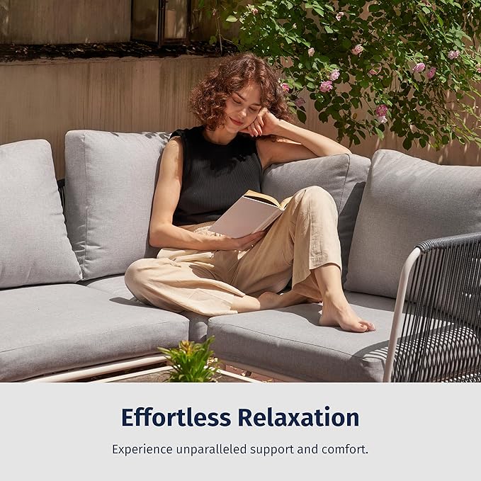 East Oak 5-Piece Montauk Modular Patio Furniture Set, Outdoor Sectional Sofa with Cushion and Glass Coffee Table, Modern Patio Conversation Set for Garden, Backyard and Porch, Grey