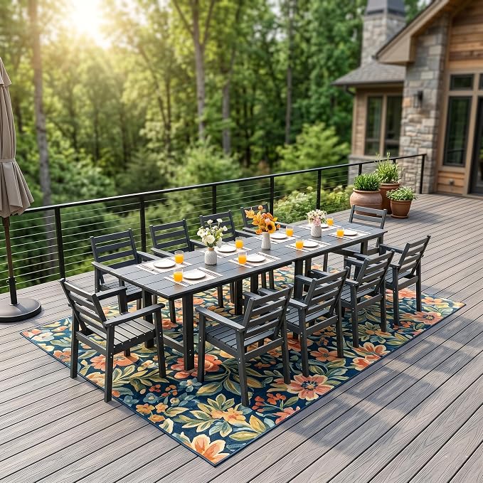 12-Piece Outdoor Dining Set, All-Weather HDPE Patio Furniture, Two 66.5" Slatted Table with 1.6" Umbrella Hole & 10 Ergonomic Armchairs, Heavy Duty 350lbs Capacity, UV Resistant, Gray