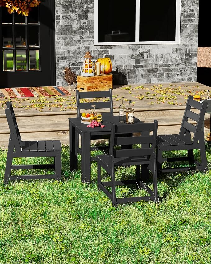 GREENVINES 5-Piece-Outdoor-Dining-Set | HDPE | Square | Patio Furniture | Table and Chairs Sets for 4 | All Weather | Armless Chair | Umbrella Hole | for Backyard Poolside Garden | Black