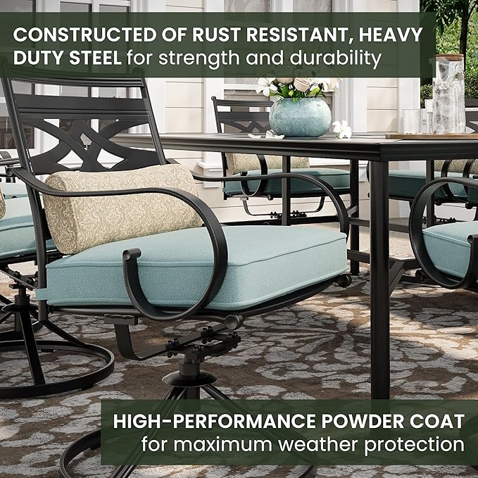 Hanover Montclair 11-Piece Patio Dining Set with 10 Swivel Rocker Chairs, Accent Lumbar Pillows and 84"x60" Steel Stamped Rectangular Table, Large Outdoor Patio Dining Set for 10, Ocean Blue