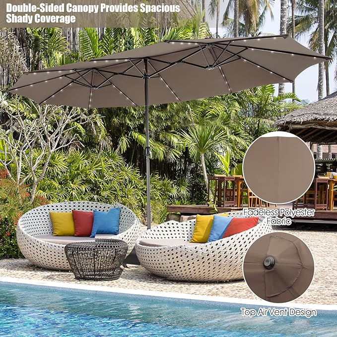 Giantex Large Outdoor Umbrella Double-Sided, 48 Solar Lights, Auto-Charging Solar Panel, Extra Large Patio Umbrella with Base and Crank, Outdoor Market Umbrellas for Poolside Garden