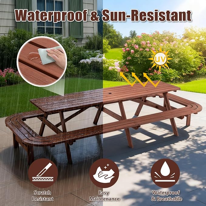 Hohuqeri Wood Picnic Table, 94.5" Tabletop with Umbrella Hole, 16 Person Outdoor Wooden Picnic Table Bench Set for Patio, BBQ, Dining, Brown