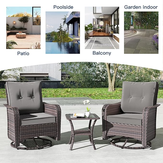 Kullavik 3 Pieces Patio Furniture Set,Outdoor Swivel Glider Rocking Chairs Set,Front Porch Furniture Patio Conversation Sets with Side Table for Balcony Deck Backyard,Grey