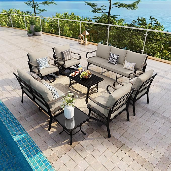 8 Pieces Patio Conversation Sets, All Weather Metal Outdoor Furniture Set with Swivel Rocking Chairs Set, Outdoor Furniture Set with Sectional Sofa Couch Loveseat (Beige Cushions)
