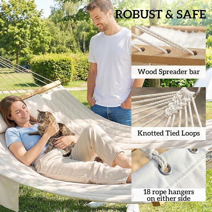 Outdoors 2-Person Hammock with Pillows & Pad Cream White Beechwood Spreader Bars 128in L 440lb Capacity