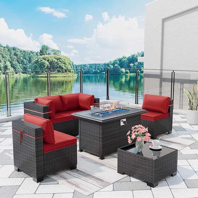 Outdoor Patio Furniture with Fire Pit Table, 6 Pieces Outdoor Furniture Patio Sectional Sofa PE Rattan Conversation Sets w/43 Propane Gas Firepit & Coffee Table for Outside (Red)