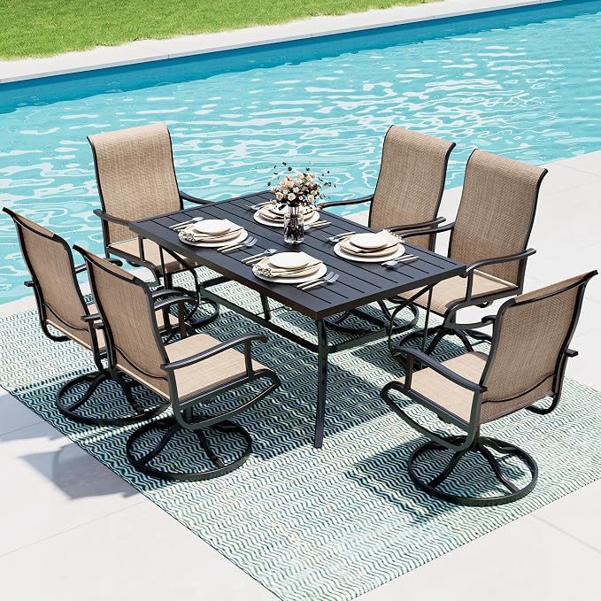 7-Piece Outdoor Dining Set, Patio Furniture Set with Textilene Swivel Chairs, Outdoor Table & 6 Chairs for Garden, Backyard, Poolside, Deck, Beige